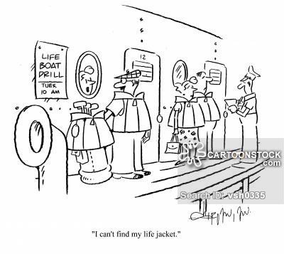 During the life boat drill, a man has used his wife's life jacket for his golf clubs.